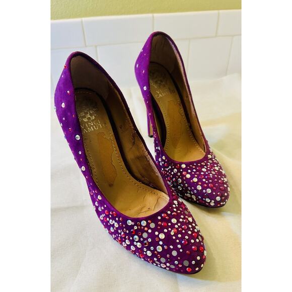 Vince Camuto’s Purple Rhinestone Studded Heels Suede - Picture 6 of 9